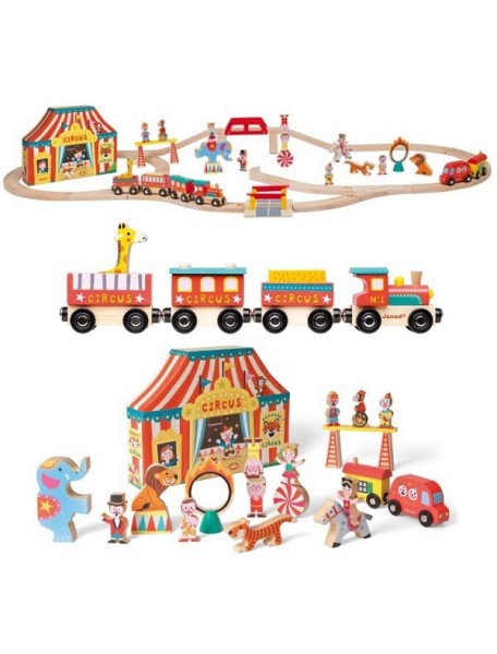 Игровой набор "Цирк" (19 игрушек, поезд, ж/д из 26эл.) Janod