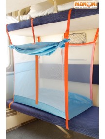 ЖД-манеж в поезд для детей Manuni от 3 лет голубой с белой сеткой (3 стенки +шторка) 
