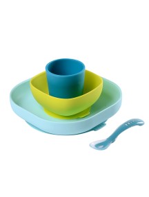 Beaba / "SILICONE MEAL SET" / Набор посуды - 2 тарелки, стакан, ложка /зеленый